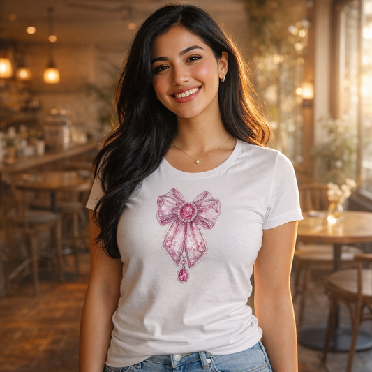 Royal Lace Reverie Bow Tee | Floral Ribbon Chest Graphic, Feminine Vintage Style