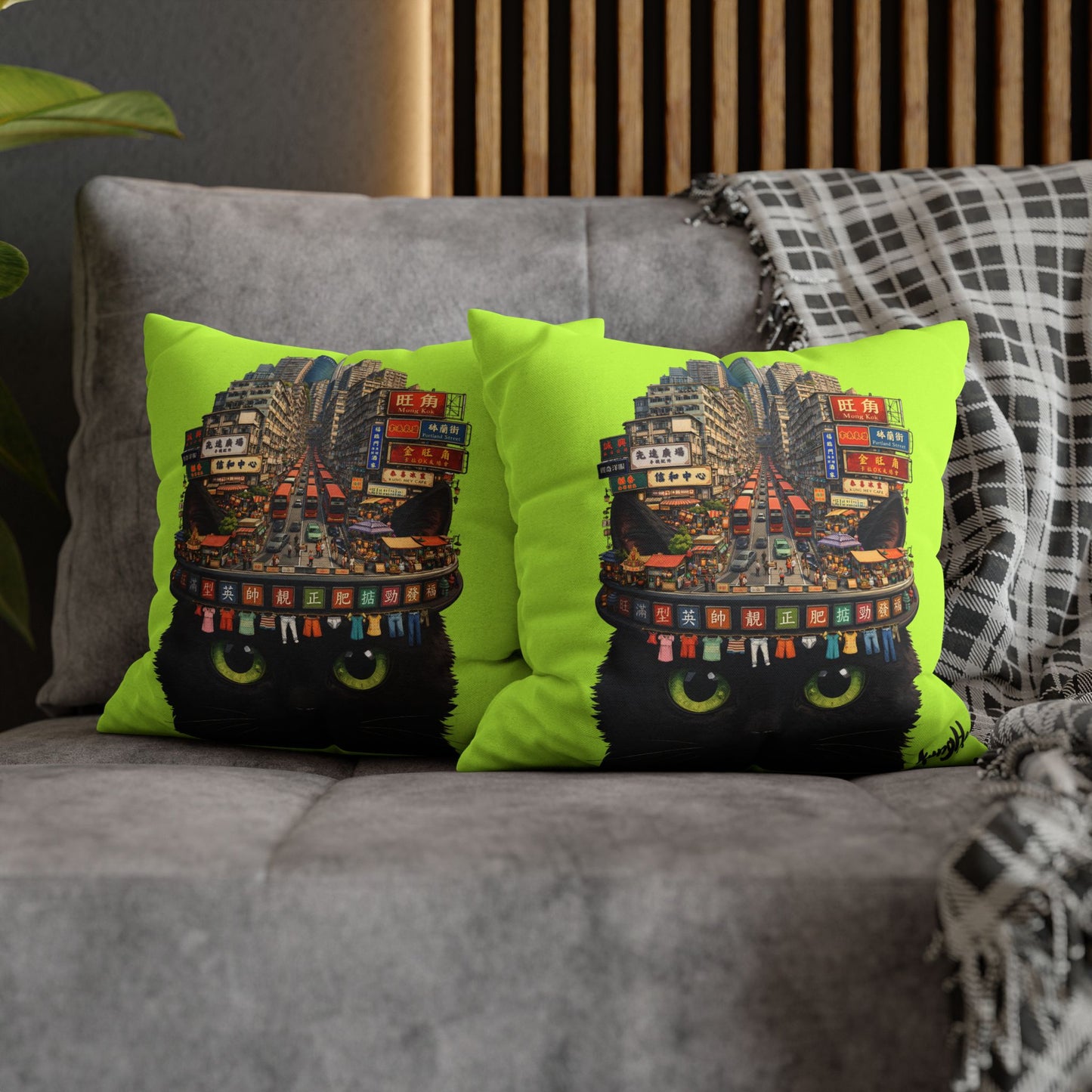 Portland Street on Midnight Fur Pillowcase - Neon Urban Black Cat Decorative Cushion Cover