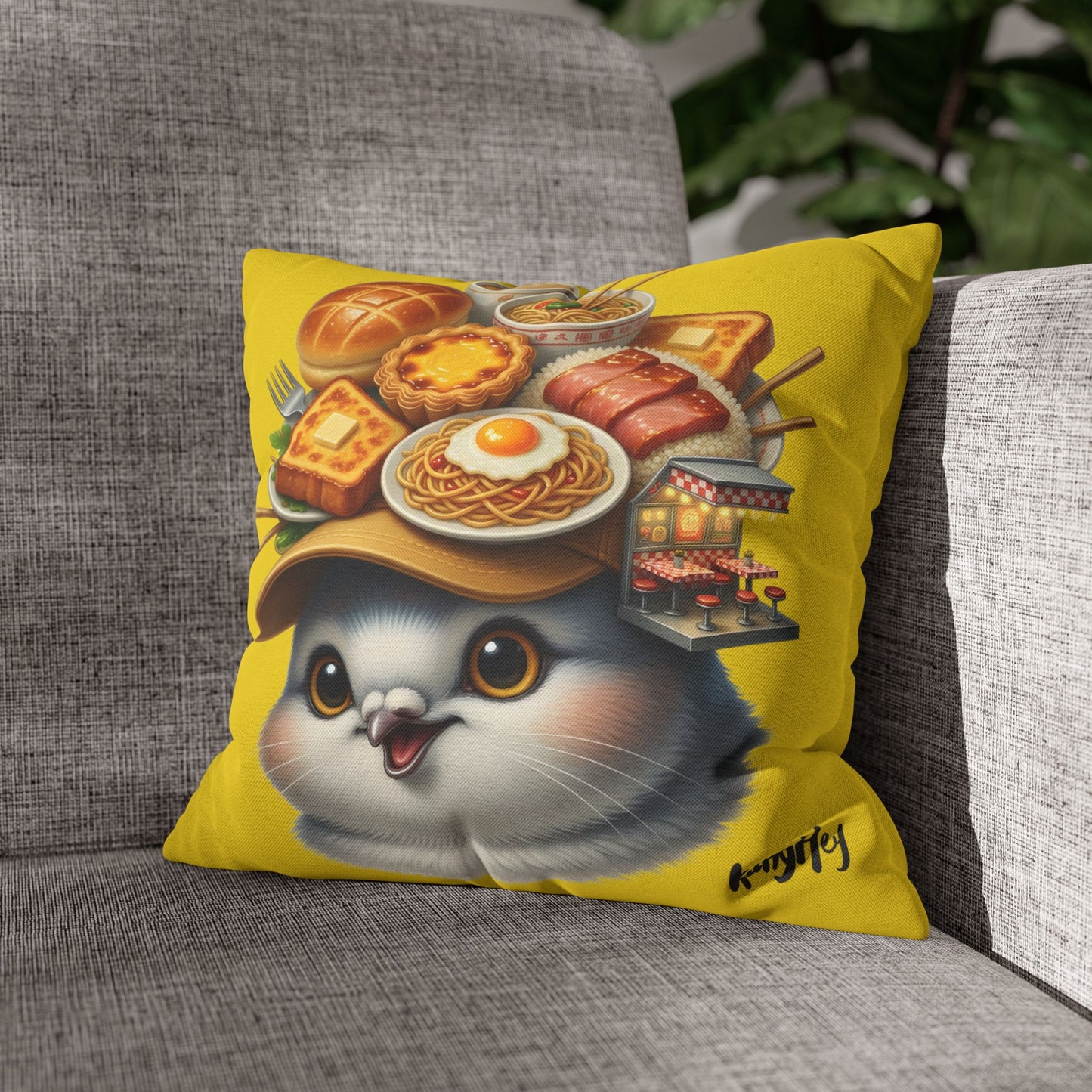 Cha Chaan Teng Chirp - Cute Bird with Hat Pillowcase Cover with Dim Sum & Breakfast Design