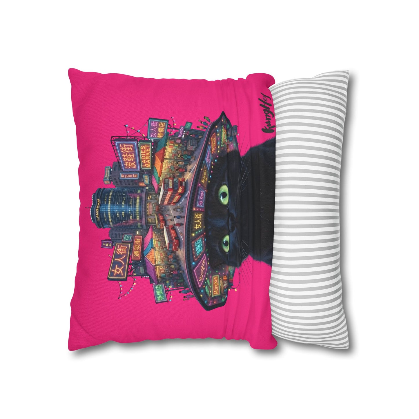 Ladies’ Street Night Glow Pillow — Pink Black Cat at Neon City Decorative Throw Pillowcase