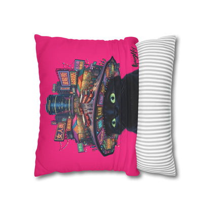 Ladies’ Street Night Glow Pillow — Pink Black Cat at Neon City Decorative Throw Pillowcase