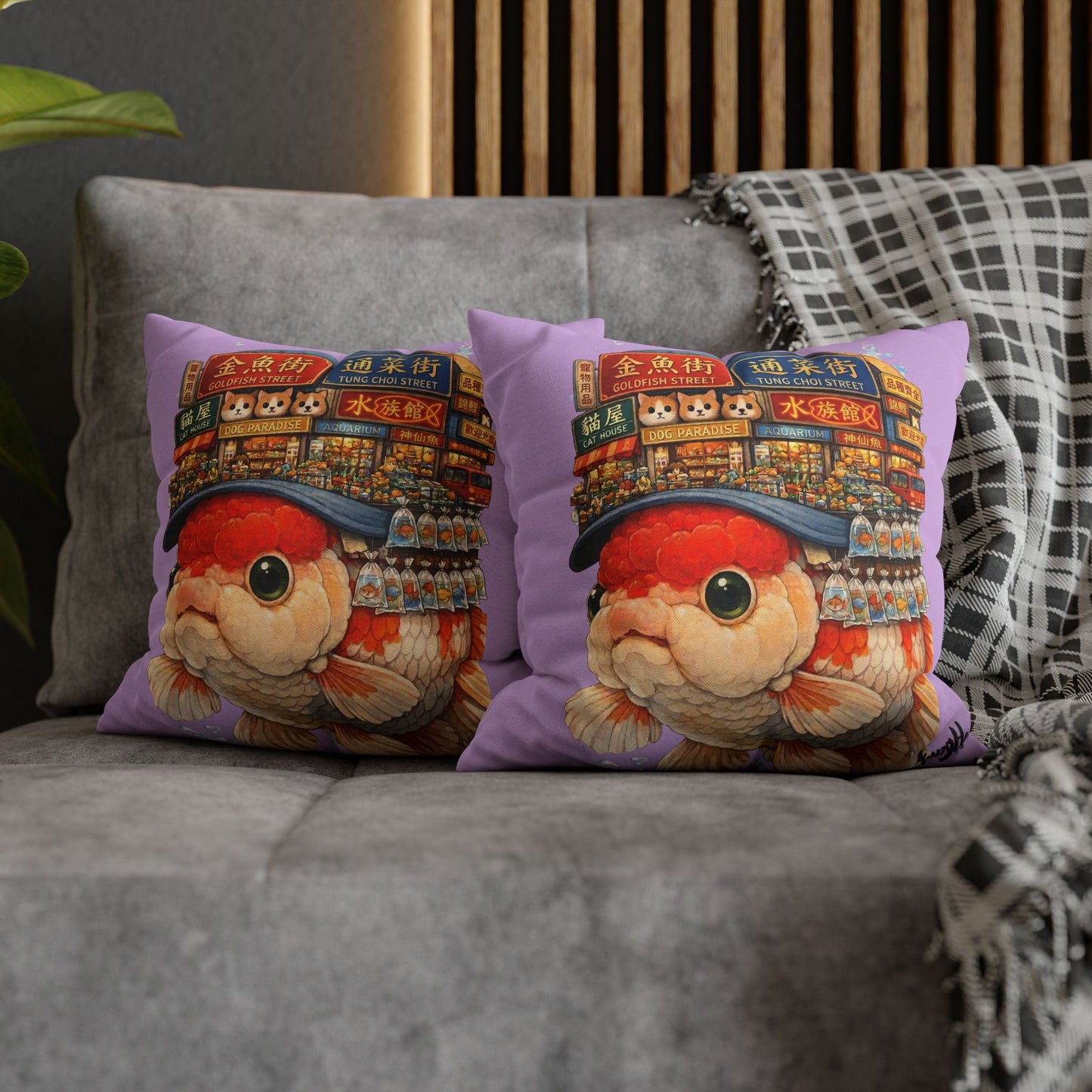 Goldfish Street Dreams Pillow — Cute Koi Fish Cushion with Asian Goldfish Market Illustration Pillow