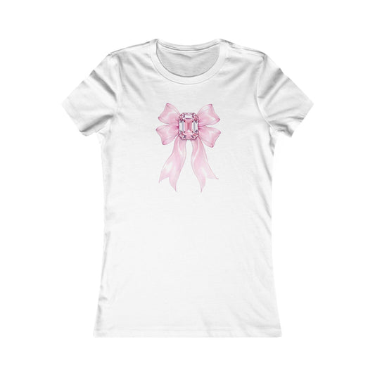 Blush Radiance Bow Tee | Pink Ribbon Bow with Jewel for Women T-Shirt