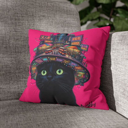Ladies’ Street Night Glow Pillow — Pink Black Cat at Neon City Decorative Throw Pillowcase