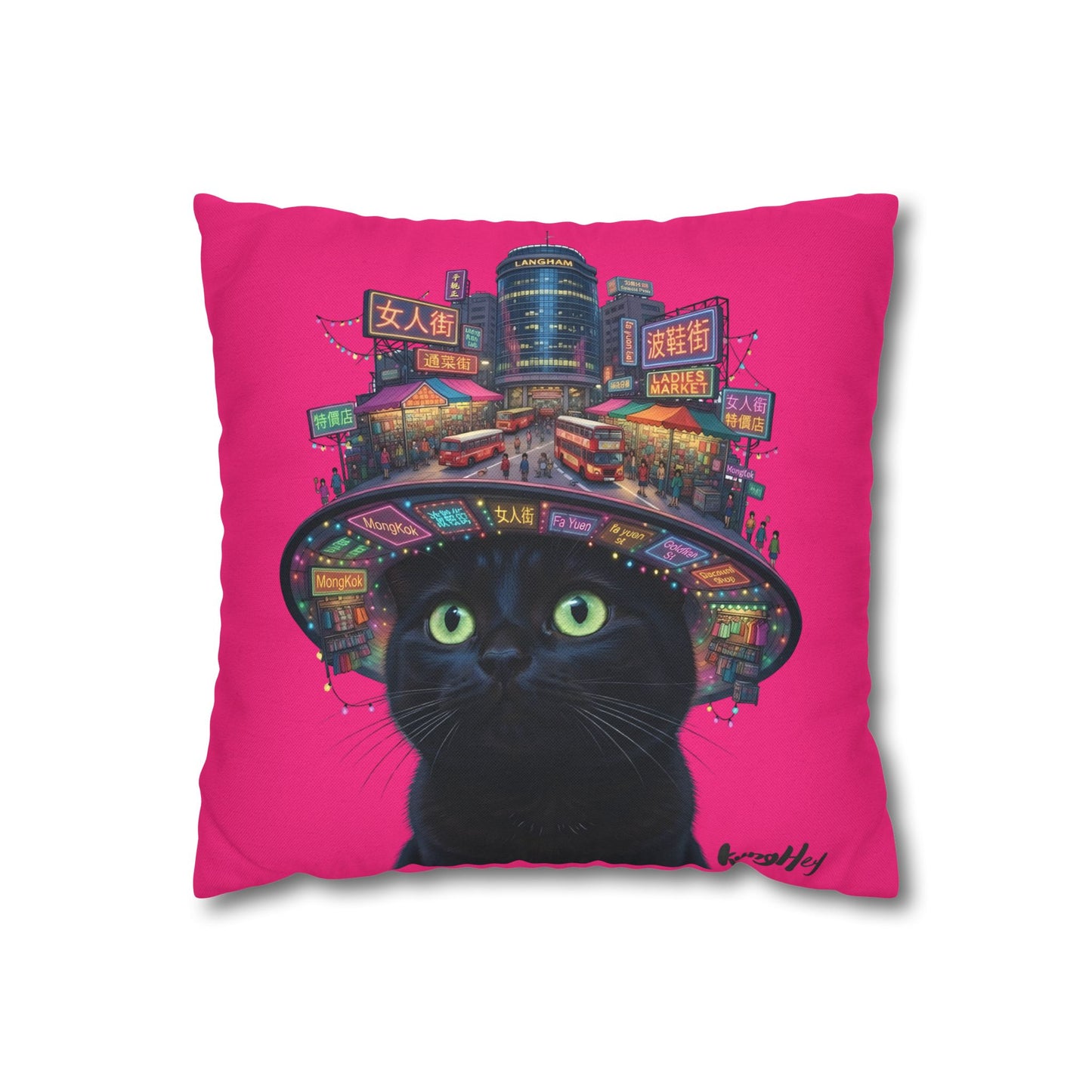 Ladies’ Street Night Glow Pillow — Pink Black Cat at Neon City Decorative Throw Pillowcase