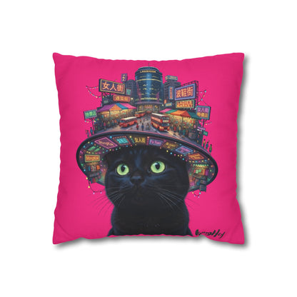 Ladies’ Street Night Glow Pillow — Pink Black Cat at Neon City Decorative Throw Pillowcase