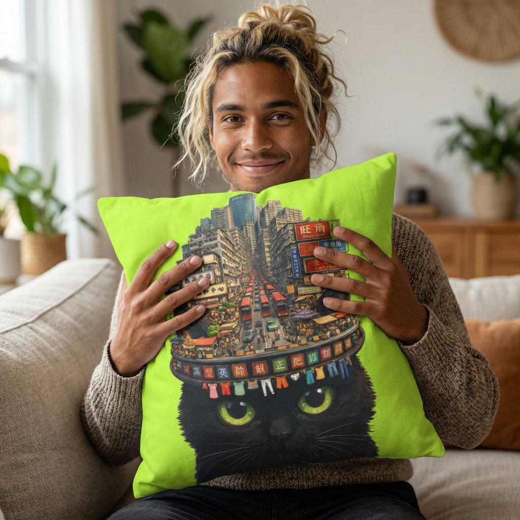 Portland Street on Midnight Fur Pillowcase - Neon Urban Black Cat Decorative Cushion Cover