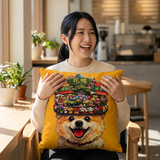 Chor Saam’s Flower Market Smile Pillowcase - A Cute Pomeranian with Flower Market Hat Decorative Square Throw Pillow