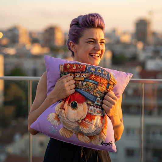Goldfish Street Dreams Pillow — Cute Koi Fish Cushion with Asian Goldfish Market Illustration Pillow