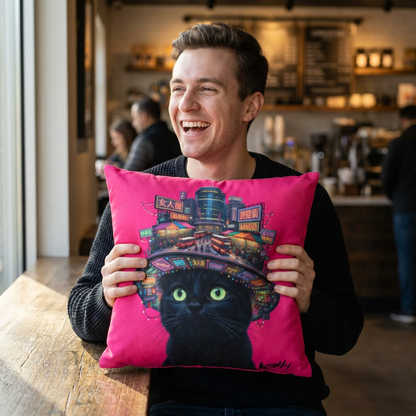 Ladies’ Street Night Glow Pillow — Pink Black Cat at Neon City Decorative Throw Pillowcase
