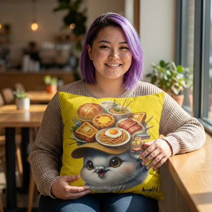 Cha Chaan Teng Chirp - Cute Bird with Hat Pillowcase Cover with Dim Sum & Breakfast Design