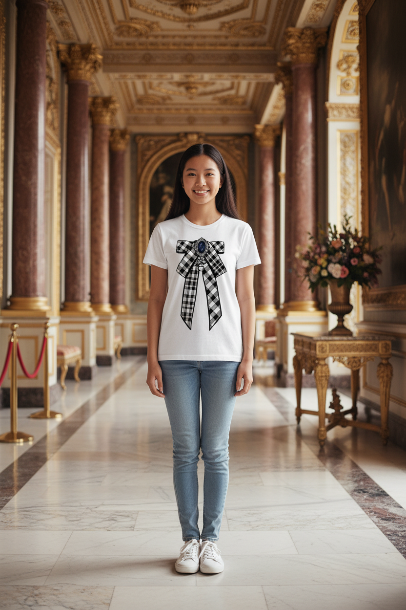 Royal Gem Ribbon T-Shirt | Cute Ribbon Graphic Tee, Minimal Black White