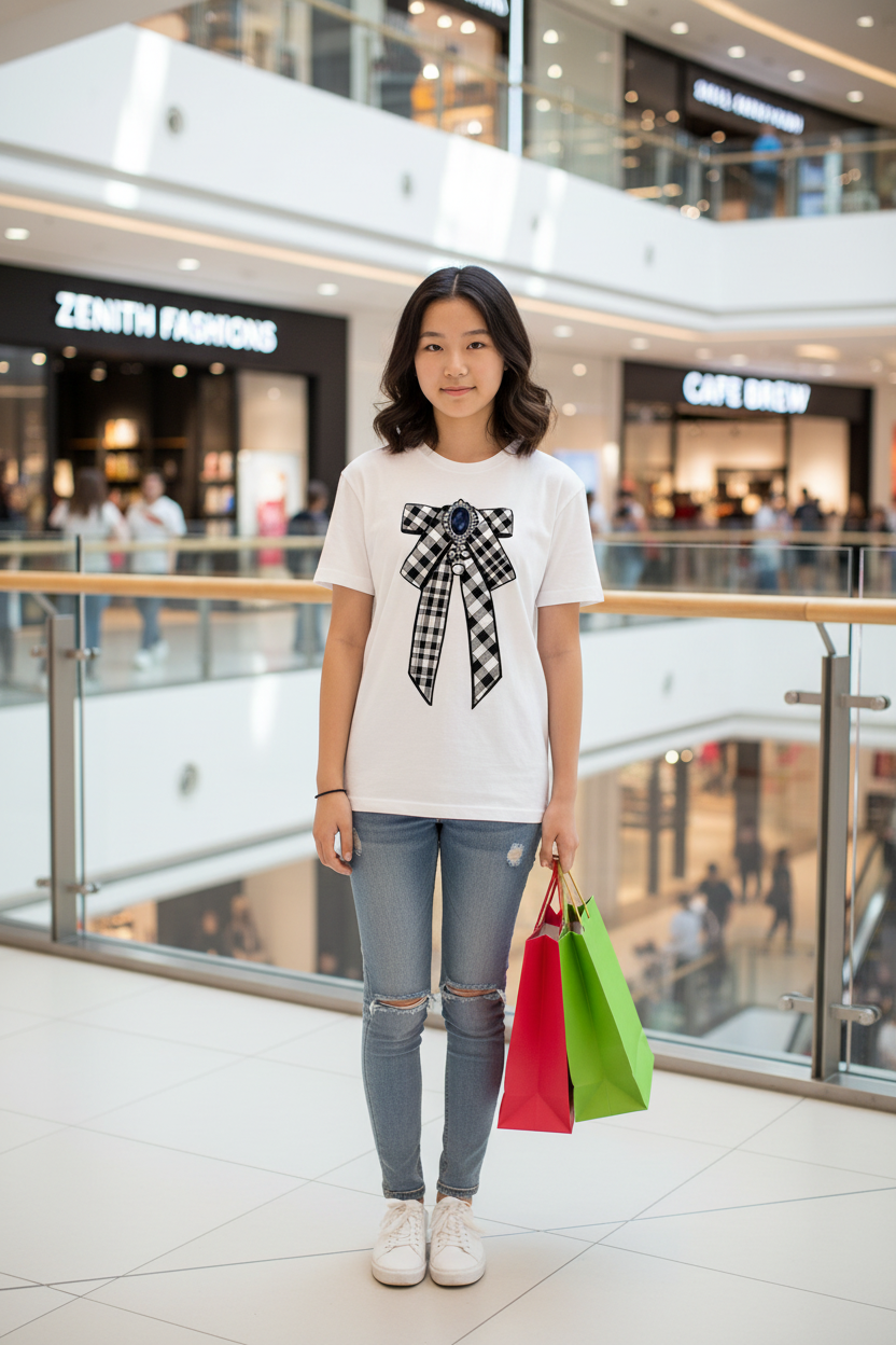 Royal Gem Ribbon T-Shirt | Cute Ribbon Graphic Tee, Minimal Black White
