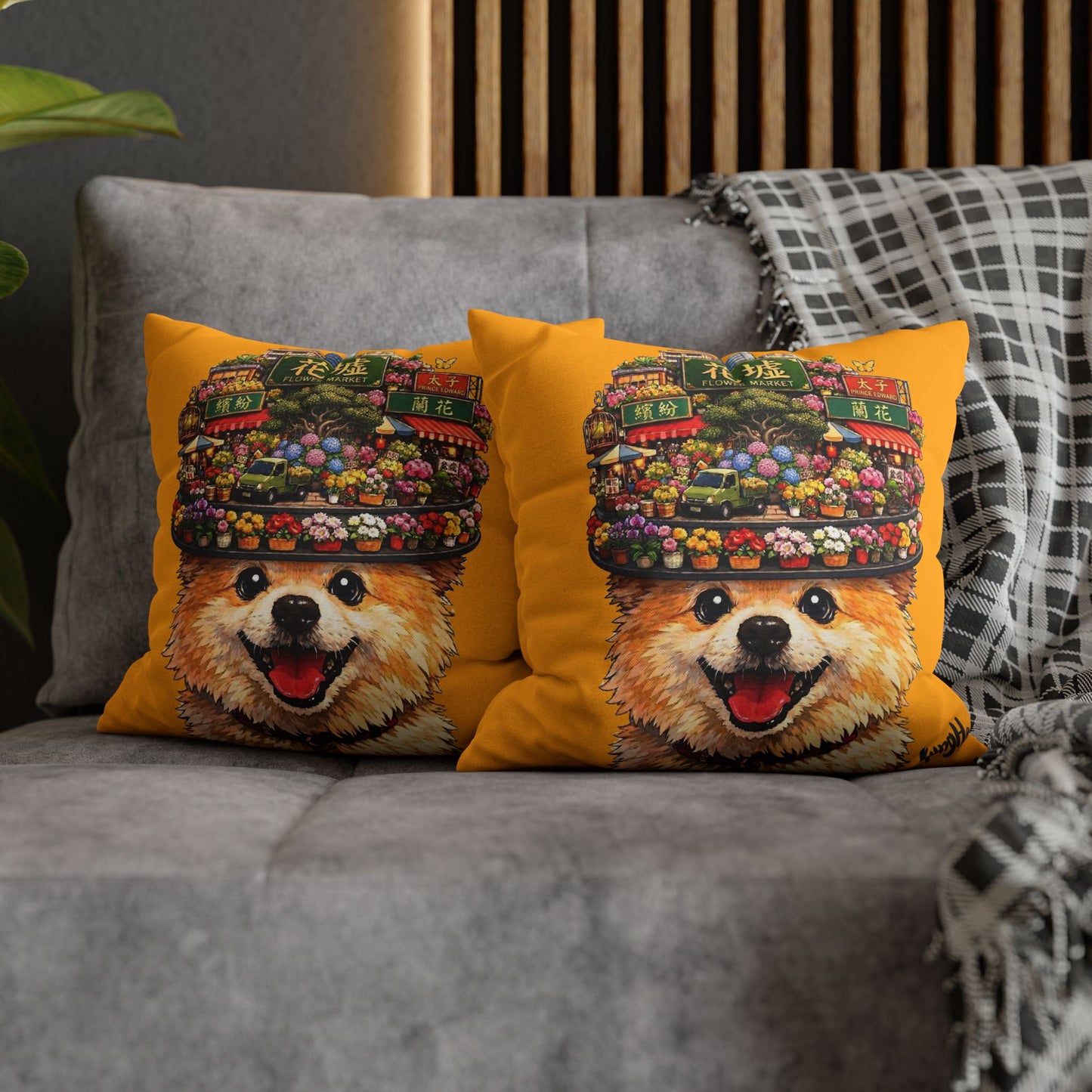 Chor Saam’s Flower Market Smile Pillowcase - A Cute Pomeranian with Flower Market Hat Decorative Square Throw Pillow