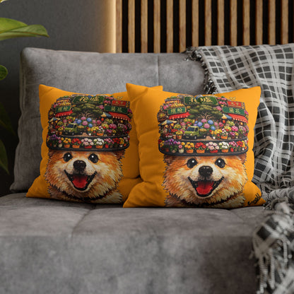 Chor Saam’s Flower Market Smile Pillowcase - A Cute Pomeranian with Flower Market Hat Decorative Square Throw Pillow