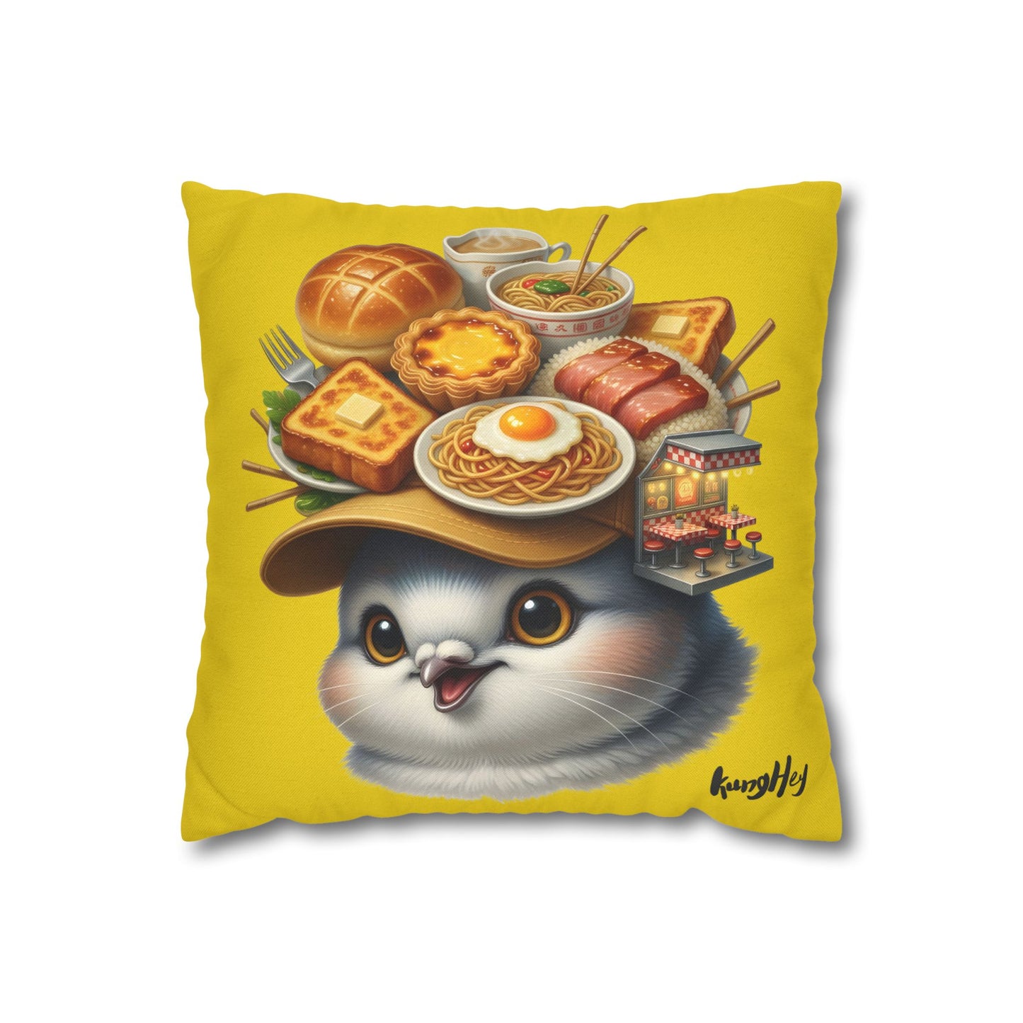 Cha Chaan Teng Chirp - Cute Bird with Hat Pillowcase Cover with Dim Sum & Breakfast Design