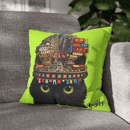 Portland Street on Midnight Fur Pillowcase - Neon Urban Black Cat Decorative Cushion Cover