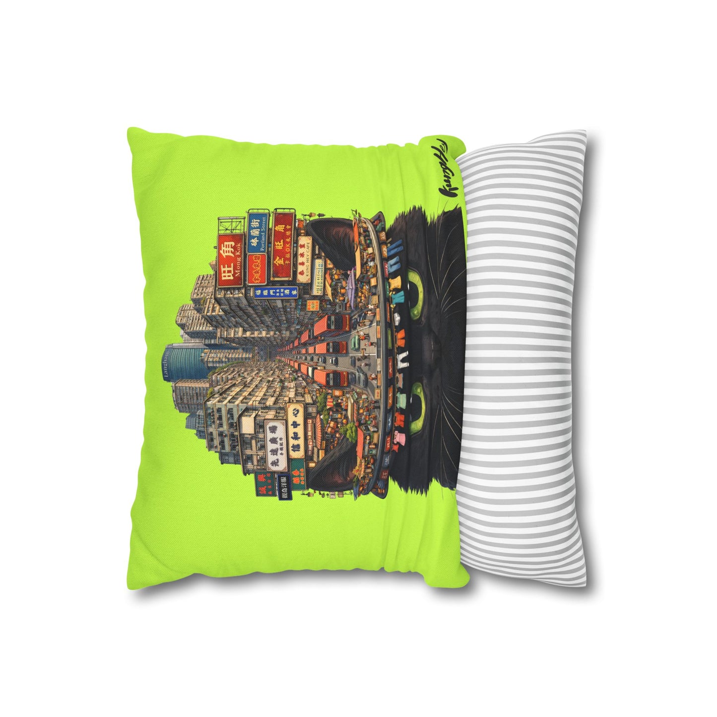 Portland Street on Midnight Fur Pillowcase - Neon Urban Black Cat Decorative Cushion Cover