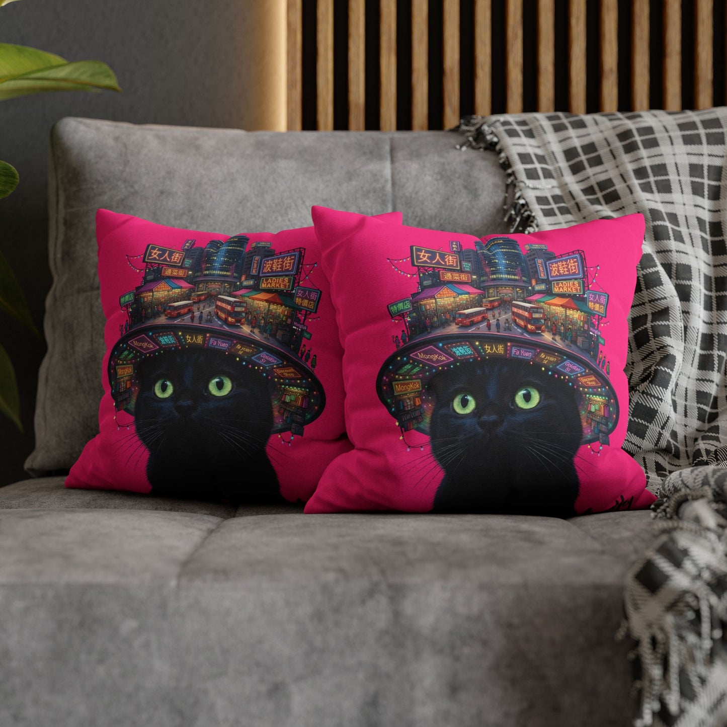 Ladies’ Street Night Glow Pillow — Pink Black Cat at Neon City Decorative Throw Pillowcase