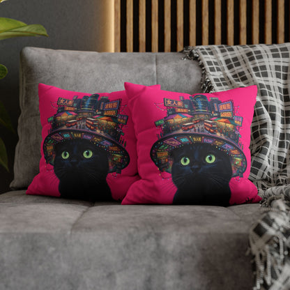Ladies’ Street Night Glow Pillow — Pink Black Cat at Neon City Decorative Throw Pillowcase