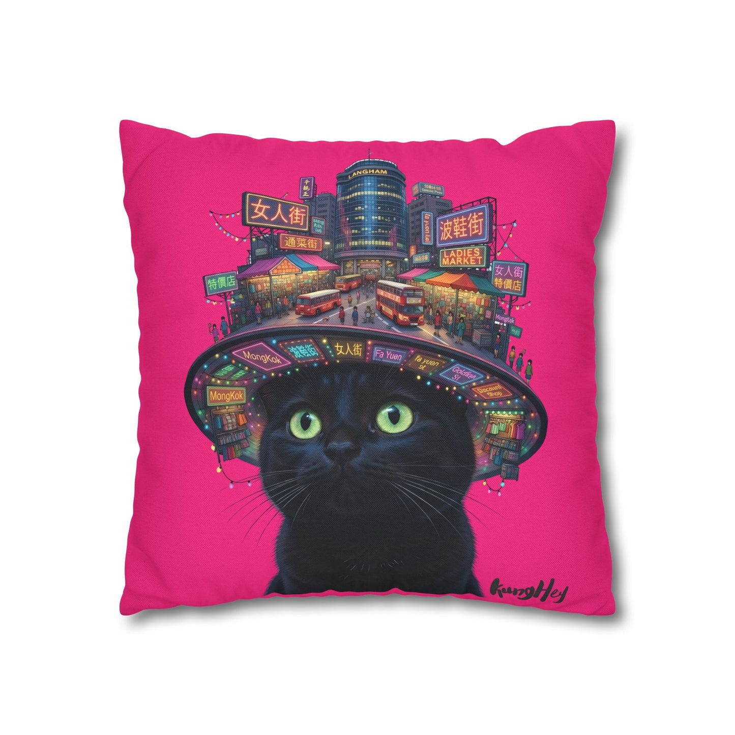 Ladies’ Street Night Glow Pillow — Pink Black Cat at Neon City Decorative Throw Pillowcase