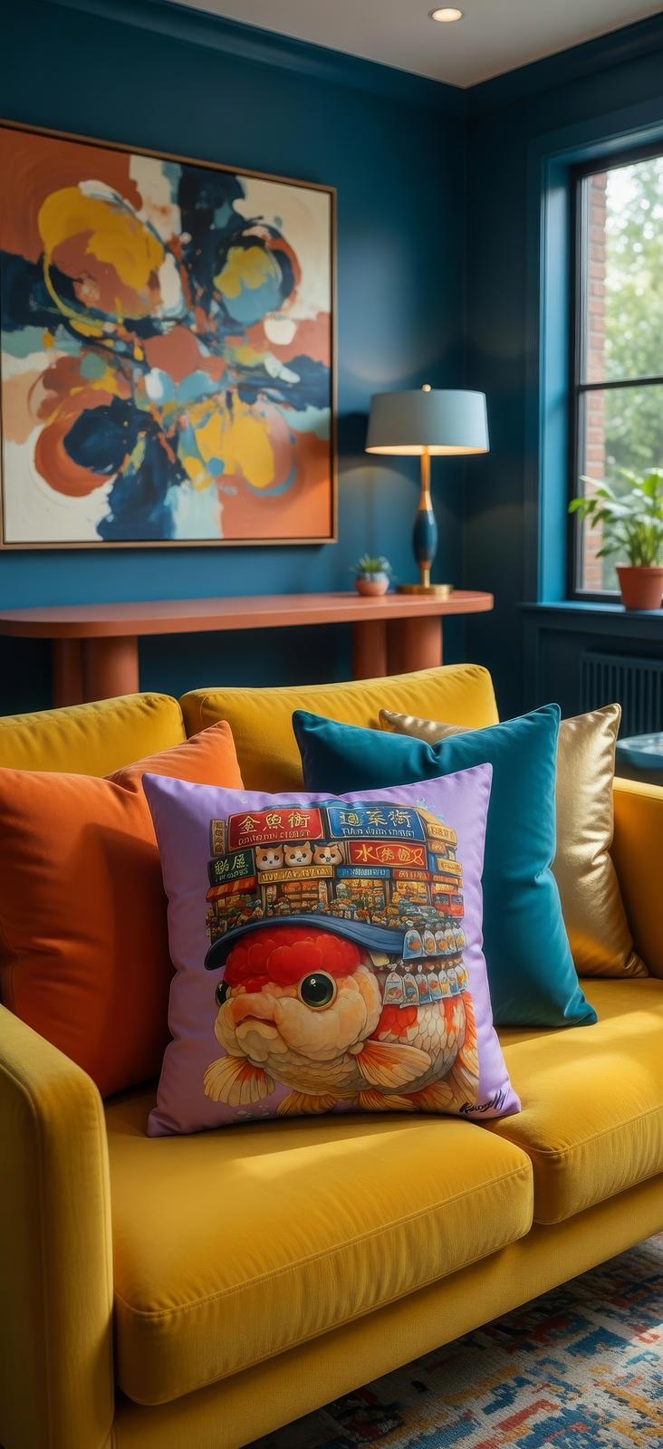 Goldfish Street Dreams Pillow — Cute Koi Fish Cushion with Asian Goldfish Market Illustration Pillow