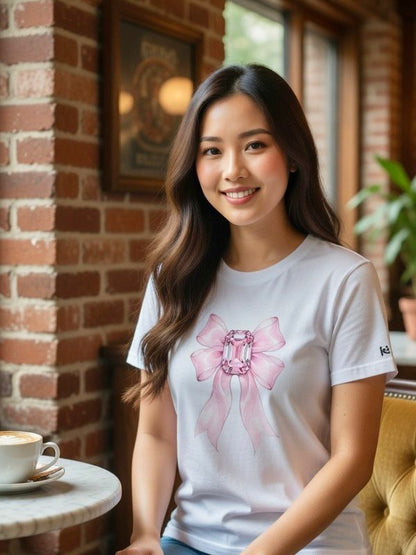 Blush Radiance Bow Tee | Pink Ribbon Bow with Jewel for Women T-Shirt