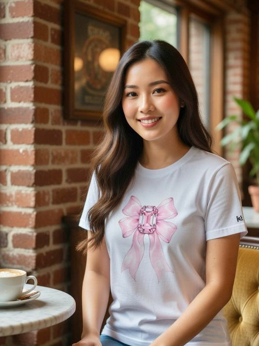 Blush Radiance Bow Tee | Pink Ribbon Bow with Jewel for Women T-Shirt